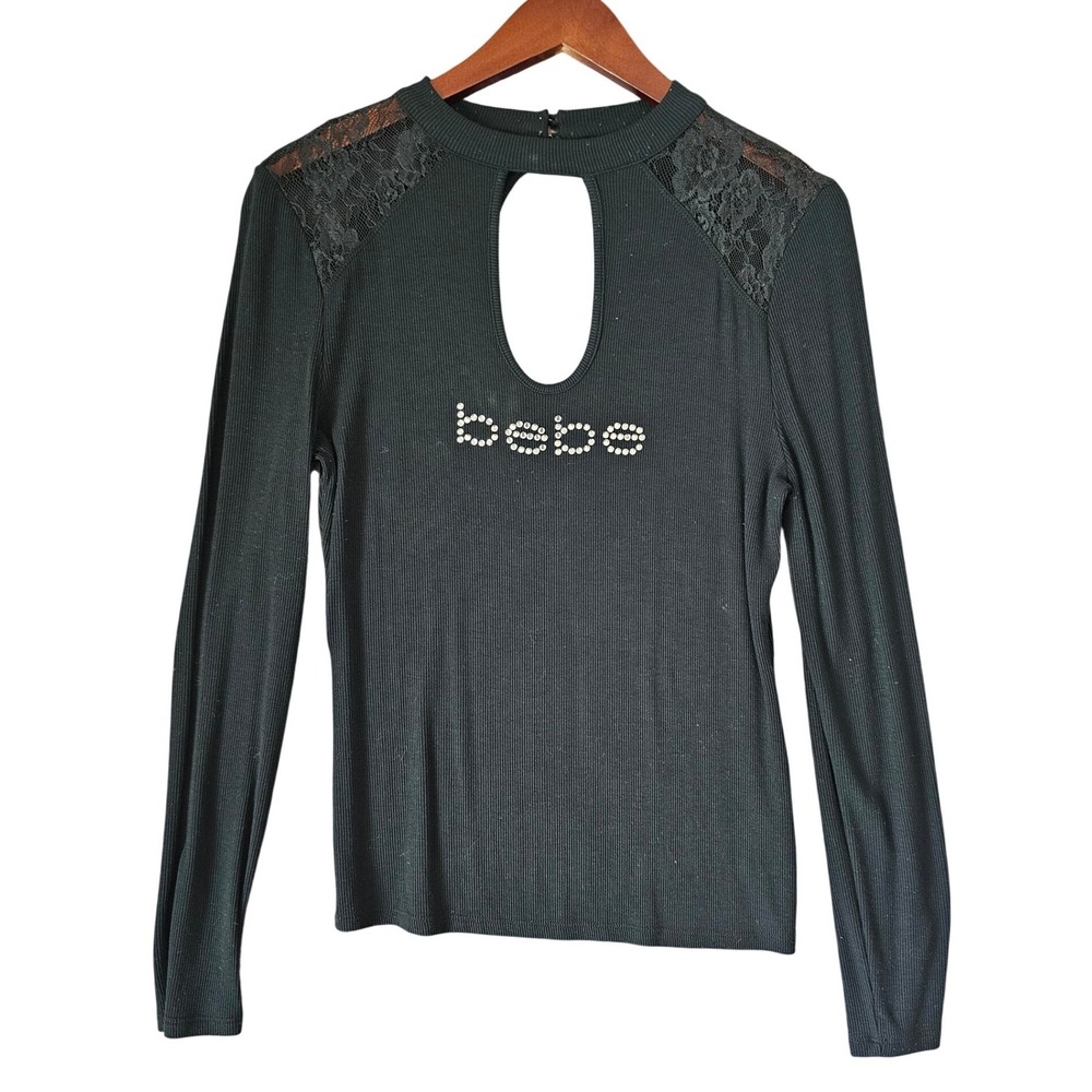 Bebe Womens Black Ribbed Keyhole Rhinestone Logo Lace Shoulder Top BKT-0250